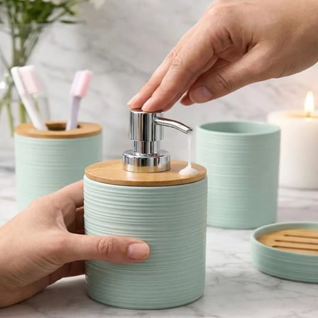 Parça Banyo Seti, Bambu Detaylı, 8L Çöp Kovası 24x26x16 cm (Su Yeşili)