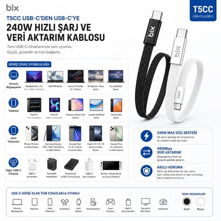 240W Type-C to Type-C Örgülü Hızlı Şarj ve Data Kablosu, 480Mbps 240W Type C Turbo Şarj Kablosu, (Tüm Type C Telefon ve Tabletlerle Uyumludur) (Max 48V 5A)