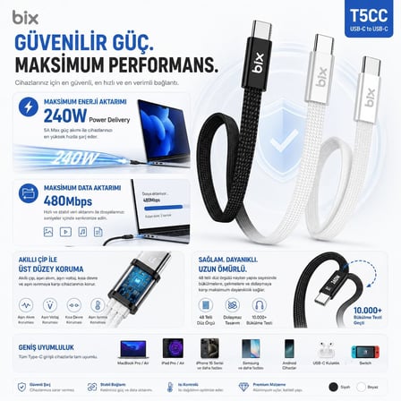 240W Type-C to Type-C Örgülü Hızlı Şarj ve Data Kablosu, 480Mbps 240W Type C Turbo Şarj Kablosu, (Tüm Type C Telefon ve Tabletlerle Uyumludur) (Max 48V 5A)