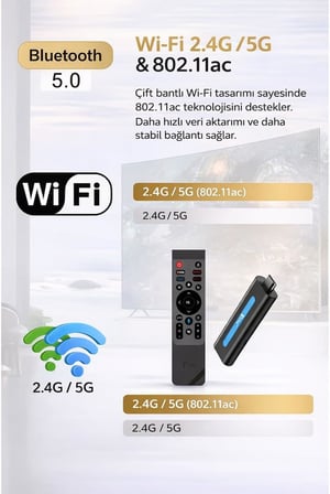 14 Mini TV Stick, 4K/8K Ultra HD, Wi-Fi 6 ve Bluetooth 5.0, Chromecast Dahili, Google Asistan Sesli Kumanda