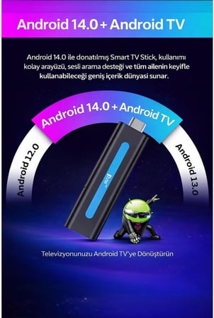 14 Mini TV Stick, 4K/8K Ultra HD, Wi-Fi 6 ve Bluetooth 5.0, Chromecast Dahili, Google Asistan Sesli Kumanda
