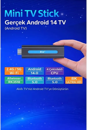 14 Mini TV Stick, 4K/8K Ultra HD, Wi-Fi 6 ve Bluetooth 5.0, Chromecast Dahili, Google Asistan Sesli Kumanda