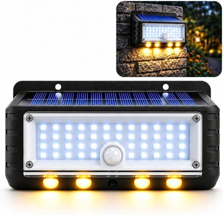 Solar Hareket Sensörlü LED Duvar Lambası 3W 44 SMD Beyaz + 4 Gün Işığı LED, 300 Lümen, IP65 Su Geçirmez, 3 Modlu Güneş Enerjili Aplik, Balkon ve Bahçe Aydınlatması