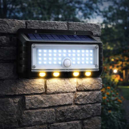 Solar Hareket Sensörlü LED Duvar Lambası 3W 44 SMD Beyaz + 4 Gün Işığı LED, 300 Lümen, IP65 Su Geçirmez, 3 Modlu Güneş Enerjili Aplik, Balkon ve Bahçe Aydınlatması