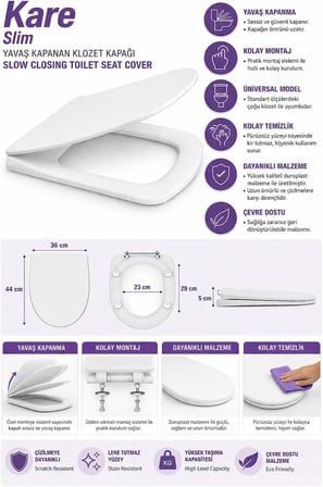 Slim Ultra İnce Yavaş Kapanan Klozet Kapağı, Soft Close Sessiz Mekanizma, Kaymaz Tabanlı Sabit Duruş, Dayanıklı Durolast Malzeme, Kolay Montajlı Universal Uyumlu WC Kapak, Hijyenik ve Uzun Ömürlü