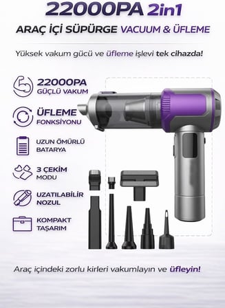 2in1 Araç İçi Süpürge Üfleme Fonksiyonlu 15.000mAh Şarjlı Kablosuz Mini Vakum