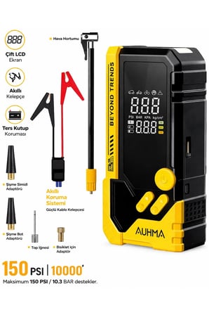 A8844 Akü Takviye Cihazı & Hava Kompresörü - 10000mAh Powerbank, 150 PSI, 1000A Peak, LED Fener