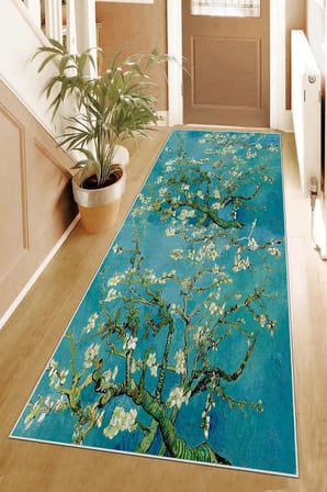 Mavi Van Gogh Badem Çiçekleri Tablo Dijital Baskı Yıkanabilir Salon Halı Ve Yolluk, 40 x 40