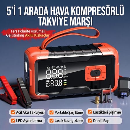 i 1 Arada Şarjlı Akü Takviye Cihazı Auhma Powerbank Özellikli Acil Durum Ateşleyici + Kompresör