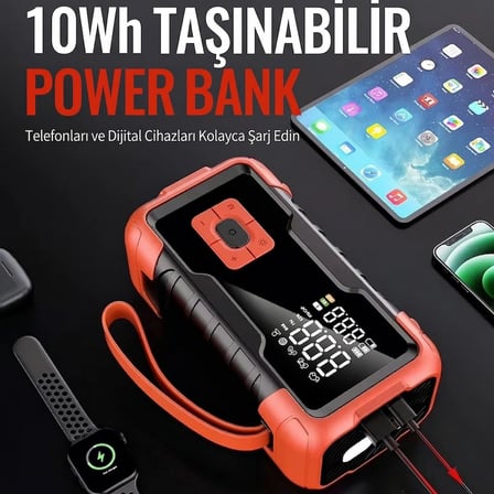 i 1 Arada Şarjlı Akü Takviye Cihazı Auhma Powerbank Özellikli Acil Durum Ateşleyici + Kompresör