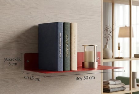 Paslanmaz Çelik Duvar Rafı– Dekoratif Metal Raf – Modern Tasarım - 30 x 16 - Kırmızı