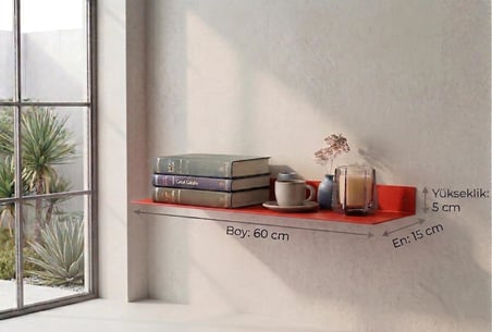 Paslanmaz Çelik Duvar Rafı – Dekoratif Metal Raf – Modern Tasarım - 60 x 16 - Kırmızı