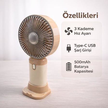 El Vantilatörü 3 Kademeli Hız Ayarlı Mini Fan – Taşınabilir Cep Fanı, Type-C USB Şarjlı 500mAh 2W Sessiz Güçlü Soğutma