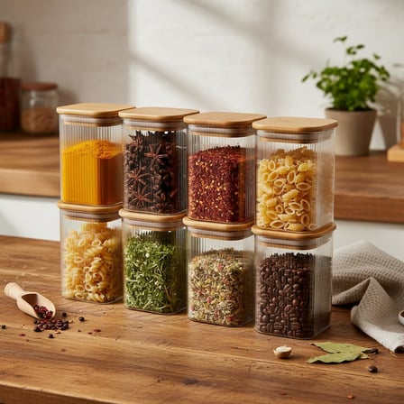 6'Lı Set 350 Ml Bambu Kapaklı Kare Cam Kavanoz - 6X10 Cm Vakumlu Orta Boy Şeffaf Erzak Kabı Kahve Çay Baharatlık Ve Mutfak Düzenleyici Organizer Saklama Kutusu