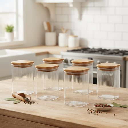6'Lı Set 350 Ml Bambu Kapaklı Kare Cam Kavanoz - 6X10 Cm Vakumlu Orta Boy Şeffaf Erzak Kabı Kahve Çay Baharatlık Ve Mutfak Düzenleyici Organizer Saklama Kutusu