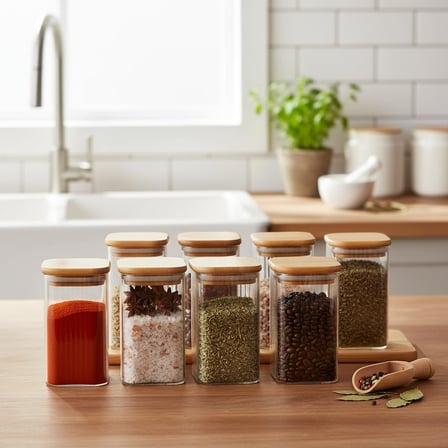 6'Lı Set 350 Ml Bambu Kapaklı Kare Cam Kavanoz - 6X10 Cm Vakumlu Orta Boy Şeffaf Erzak Kabı Kahve Çay Baharatlık Ve Mutfak Düzenleyici Organizer Saklama Kutusu