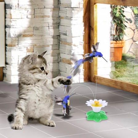 İnteraktif Kedi Oyuncağı 360° Dönen Sensörlü Elektrikli Kuş – Otomatik Hareketli Tüylü Av Oyuncağı, Zıplayan Kovalamaca Egzersiz ve Zihinsel Uyarım Oyuncak Sistemi