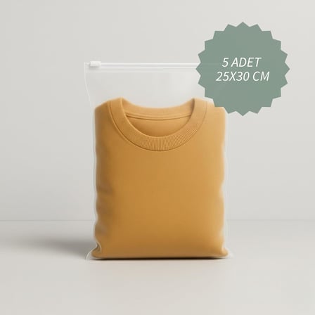 Yarım Mat Buzlu Şeffaf Tekstil Saklama Torbası Seti, 140 Mikron, BPA İçermez, Zip Kilit, Plastik Malzeme (5 Farklı Ölçü Her Ölçüden 5'er Adet - Toplam 25 Parça)