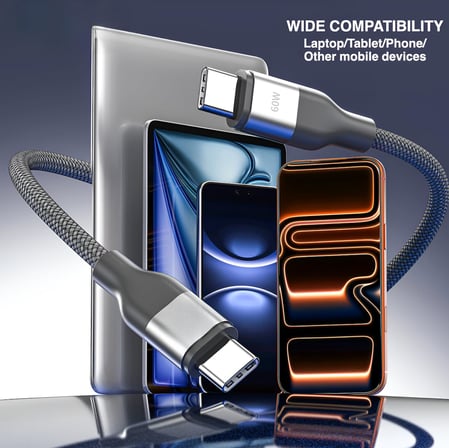 USB-C'den USB-C'ye Örgülü Kablo, 60W Hızlı Şarj, Laptop/Tablet/Telefon ile Uyumlu, Siyah