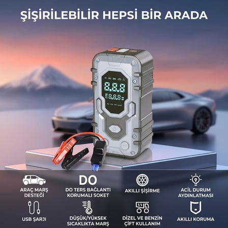10.000 mAh Çantalı Akü Takviyeli 1000A Tepe Akımlı Araç Lastik Şişirme Hava Kompresörü Jump Starter