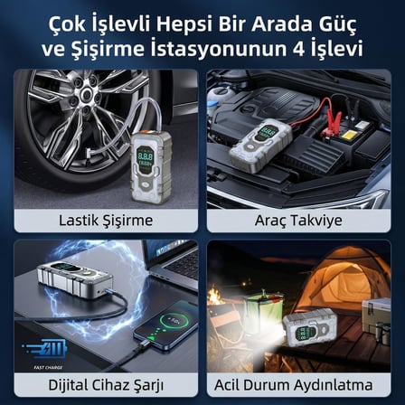 10.000 mAh Çantalı Akü Takviyeli 1000A Tepe Akımlı Araç Lastik Şişirme Hava Kompresörü Jump Starter