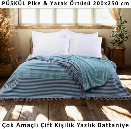 Çift Kişilik Yatak Örtüsü ve Pike |%100 Pamuklu İnce Hafif Yazlık Battaniye | Boho Dekoratif Koltuk Örtüsü | Çok Amaçlı Çeyizlik Günlük Kullanım (Turkuaz, 200x250 cm Çift Kişilik Pike)