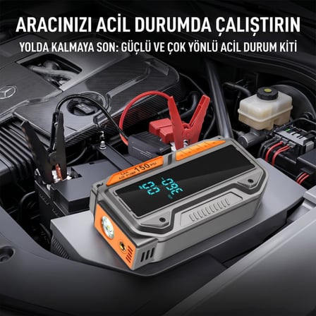 10.000mAh Jump Starter Akü Takviyeli 1000A Tepe Akımlı Araç Lastik Şişirme Hava Kompresörü 150 PSI