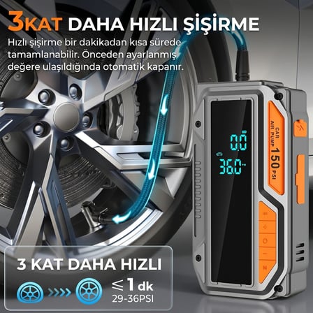 10.000mAh Jump Starter Akü Takviyeli 1000A Tepe Akımlı Araç Lastik Şişirme Hava Kompresörü 150 PSI