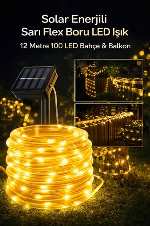 Güneş Enerjili 100 Led 12 Metre Su Geçirmez Flex Boru Bahçe Balkon Işığı