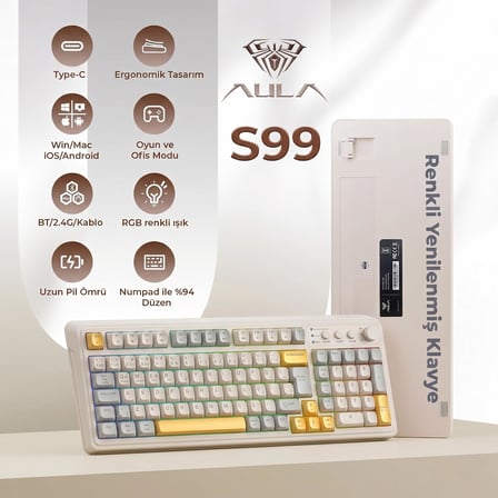 S99 Retro RGB Gaming Klavye 3 Modlu Bluetooth/2.4GHz/USB-C Kablosuz Makrolu Türkçe Q Klavye Sarı