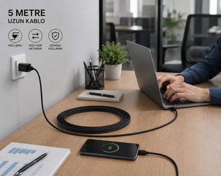 USB to Micro USB Şarj Kablosu 5 Metre Uzun Kablo Hızlı Şarj Destekli Charging Kablo High Speed Charging Enerji Tasarruflu Uzun Mesafe Kullanım İçin USB Input Uyumlu | ZR940