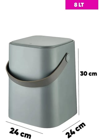 Tutma Saplı İç Kovalı Tezgah Üstü Mutfak Çöp Kovası, 8 Litre, Kilitli Kapak, Click Kapak, 24x24x30 cm (GRİ, 8 LİTRE)