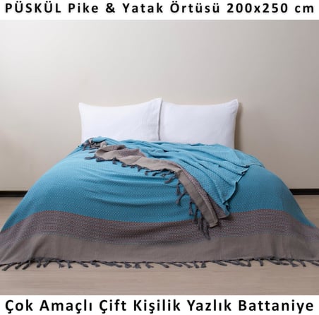 Çift Kişilik Yatak Örtüsü ve Pike |%100 Pamuklu İnce Hafif Yazlık Battaniye | Boho Dekoratif Koltuk Örtüsü | Çok Amaçlı Çeyizlik Günlük Kullanım (Turkuaz, 200x250 cm Çift Kişilik Pike)