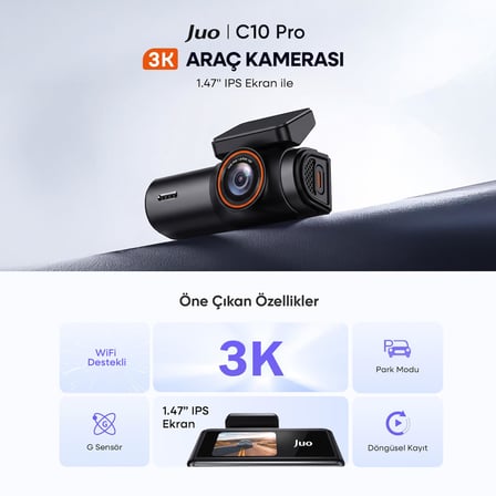 C10 Pro 3K UHD HDR WiFi Ekranlı Araç Kamerası 170 Derece Geniş Açı Gece Görüş G-Sensörlü Araç İçi Kamera