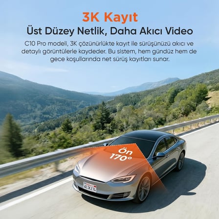 C10 Pro 3K UHD HDR WiFi Ekranlı Araç Kamerası 170 Derece Geniş Açı Gece Görüş G-Sensörlü Araç İçi Kamera