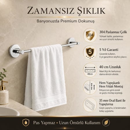 Banyo 304 Paslanmaz Çelik Havlu Askısı 40 cm, Parlak Krom Kaplama, Yapışkanlı ve Vidalı Montaj, Banyo Aksesuarı