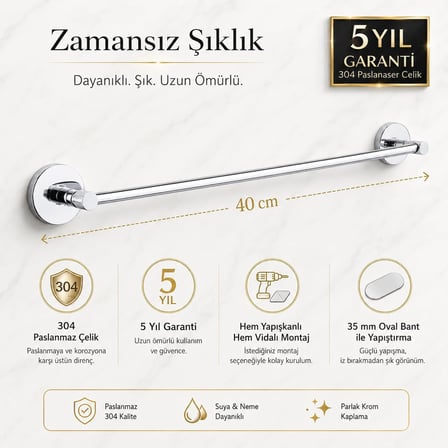 Banyo 304 Paslanmaz Çelik Havlu Askısı 40 cm, Parlak Krom Kaplama, Yapışkanlı ve Vidalı Montaj, Banyo Aksesuarı