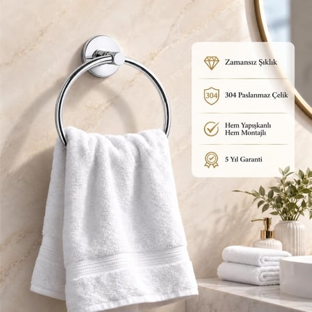 Banyo 304 Paslanmaz Çelik Yuvarlak Havlu Askısı, Krom Kaplama Halka Havluluk, Yapışkanlı ve Vidalı Montajlı, 5 Yıl Garantili Banyo Aksesuarı
