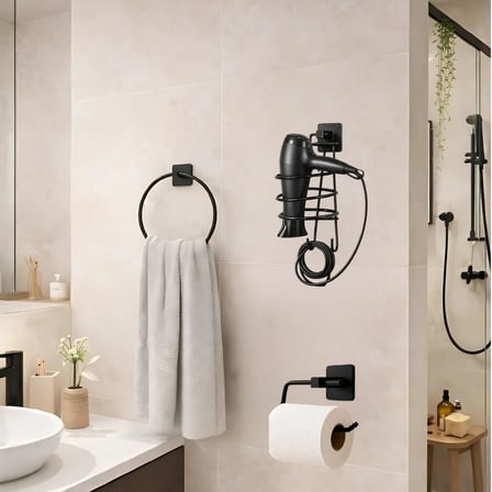Banyo aksesuar seti,Yuvarlak Havluluk,Fön makinesi askısı,Tuvalet kağıdı tutucu, Delme Gerektirmez,vida gerektirmez (Set2)