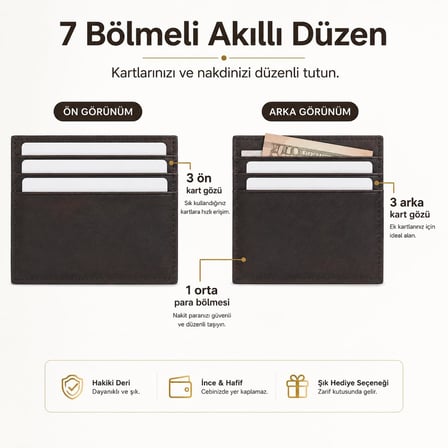 Hakiki Deri Kartlık Cüzdan Erkek – El Yapımı Slim Minimalist Tasarım – 7 Kart Bölmeli & Orta Para Bölmeli – İnce, Dayanıklı, Premium Deri Kartlık Cüzdan, Günlük Kullanım - Kahverengi