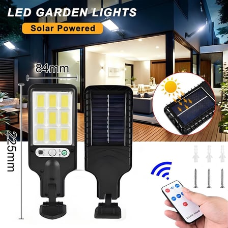 Güneş Enerjili Sokak Lambası 120 LED - IP65 Su Geçirmez Uzaktan Kumandalı ve Hareket Sensörlü COB LED Dış Mekan Duvar Aydınlatması, Bahçe, Otopark ve Avlu Projektörü