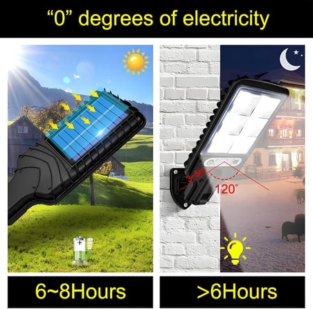 Güneş Enerjili Sokak Lambası 120 LED - IP65 Su Geçirmez Uzaktan Kumandalı ve Hareket Sensörlü COB LED Dış Mekan Duvar Aydınlatması, Bahçe, Otopark ve Avlu Projektörü