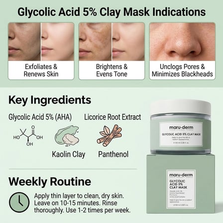 Glikolik Asit%5 Gözenek Arındırıcı ve Cilt Tonu Eşitleyici Kil Maskesi – Vegan, Pürüzsüz ve Nemlendirici Arındırıcı Maske, 100 ML