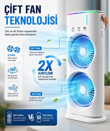 Çift Fanlı Nemlendirici Masaüstü Vantilatör, BLDC Sessiz Motor, 360° Dönebilen Bağımsız Fanlar, 3 Hız Kademesi, 280 ml Su Tankı, USB Type-C Şarjlı, RGB Işıklı Mini Hava Soğutucu