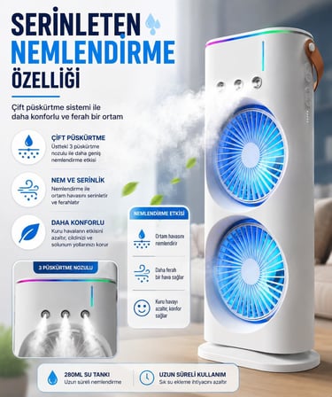 Çift Fanlı Nemlendirici Masaüstü Vantilatör, BLDC Sessiz Motor, 360° Dönebilen Bağımsız Fanlar, 3 Hız Kademesi, 280 ml Su Tankı, USB Type-C Şarjlı, RGB Işıklı Mini Hava Soğutucu