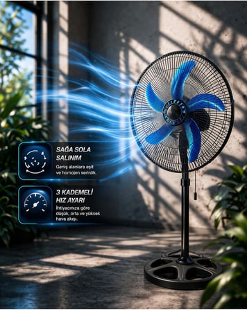 80W Güçlü Vantilatör 56cm Isı Yalıtımlı Motor 5 Pervaneli MPIA Ev Ofis Ayaklı Fan