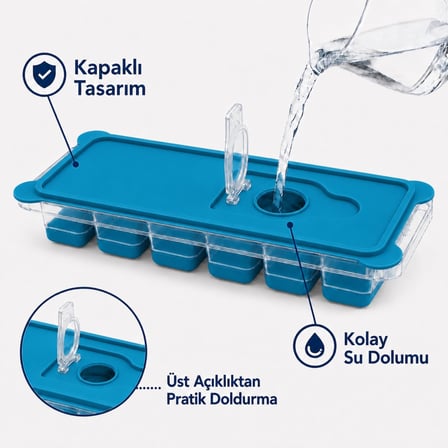 Plastik Buz Kalıbı Silikon Tabanlı 12li Buzmatik Kolay Çıkarılır Ve Doldurulabilir Sızdırmaz Saklama Kabı (Mavi)