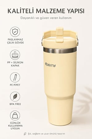 900 ml Çelik Termos Bardak Pipetli Kulplu Taşınabilir Su Matarası Krem
