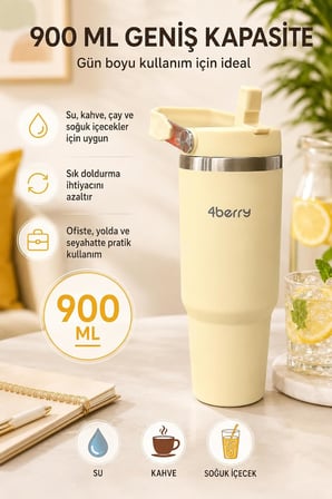 900 ml Çelik Termos Bardak Pipetli Kulplu Taşınabilir Su Matarası Krem