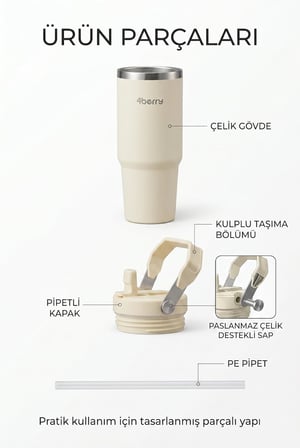 900 ml Çelik Termos Bardak Pipetli Kulplu Taşınabilir Su Matarası Krem